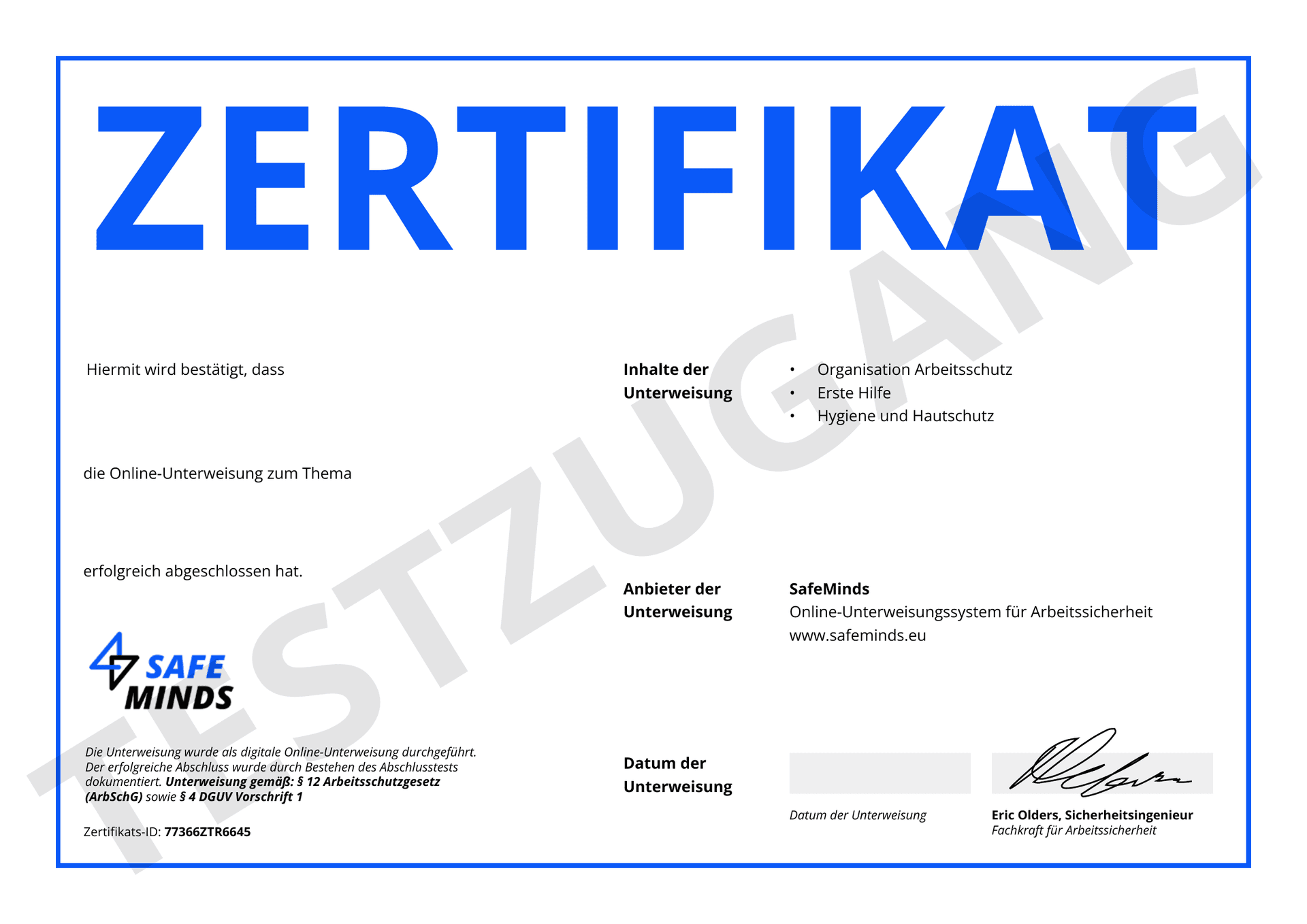 SafeMinds Zertifikat Beispiel
