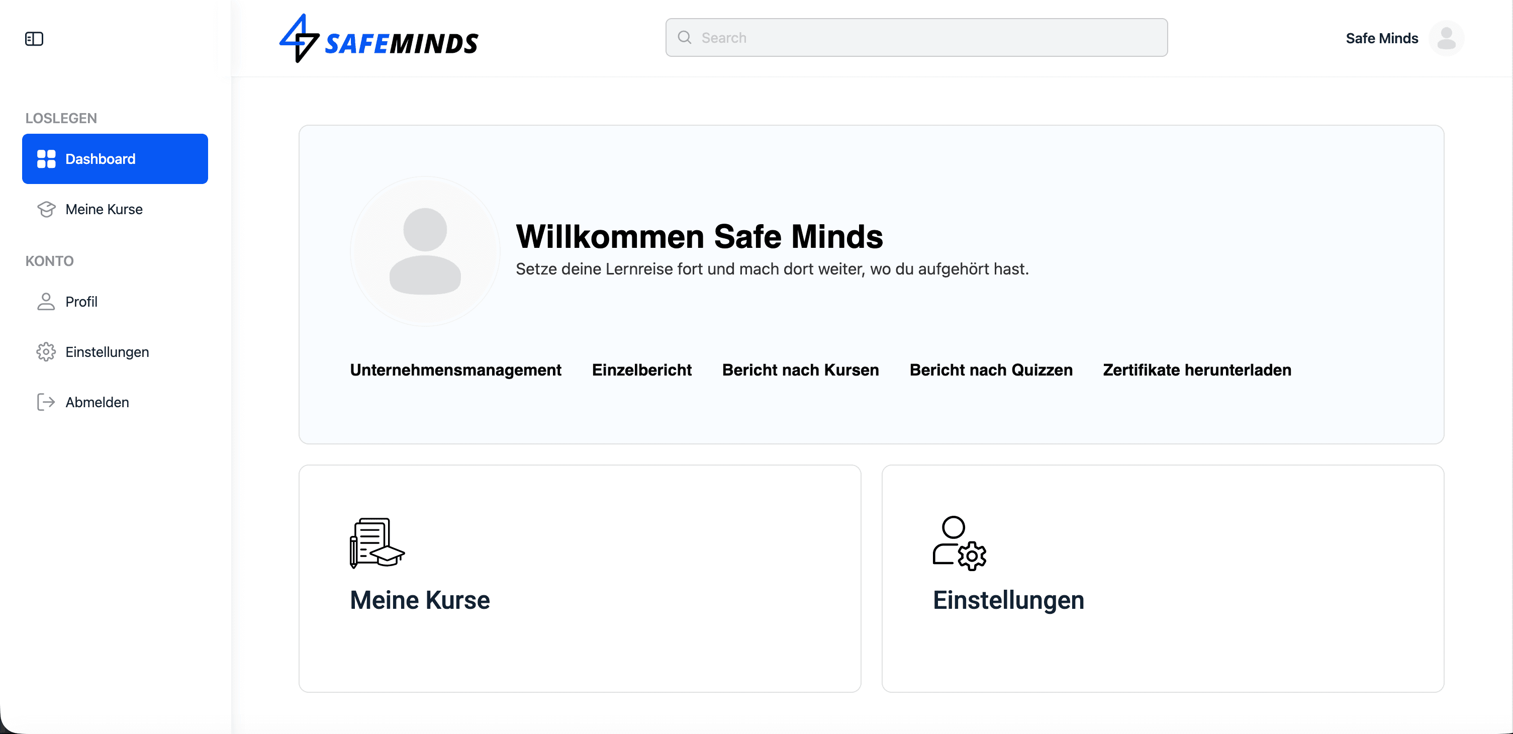 SafeMinds Dashboard — Übersicht aktiver Kurse und Mitarbeitender