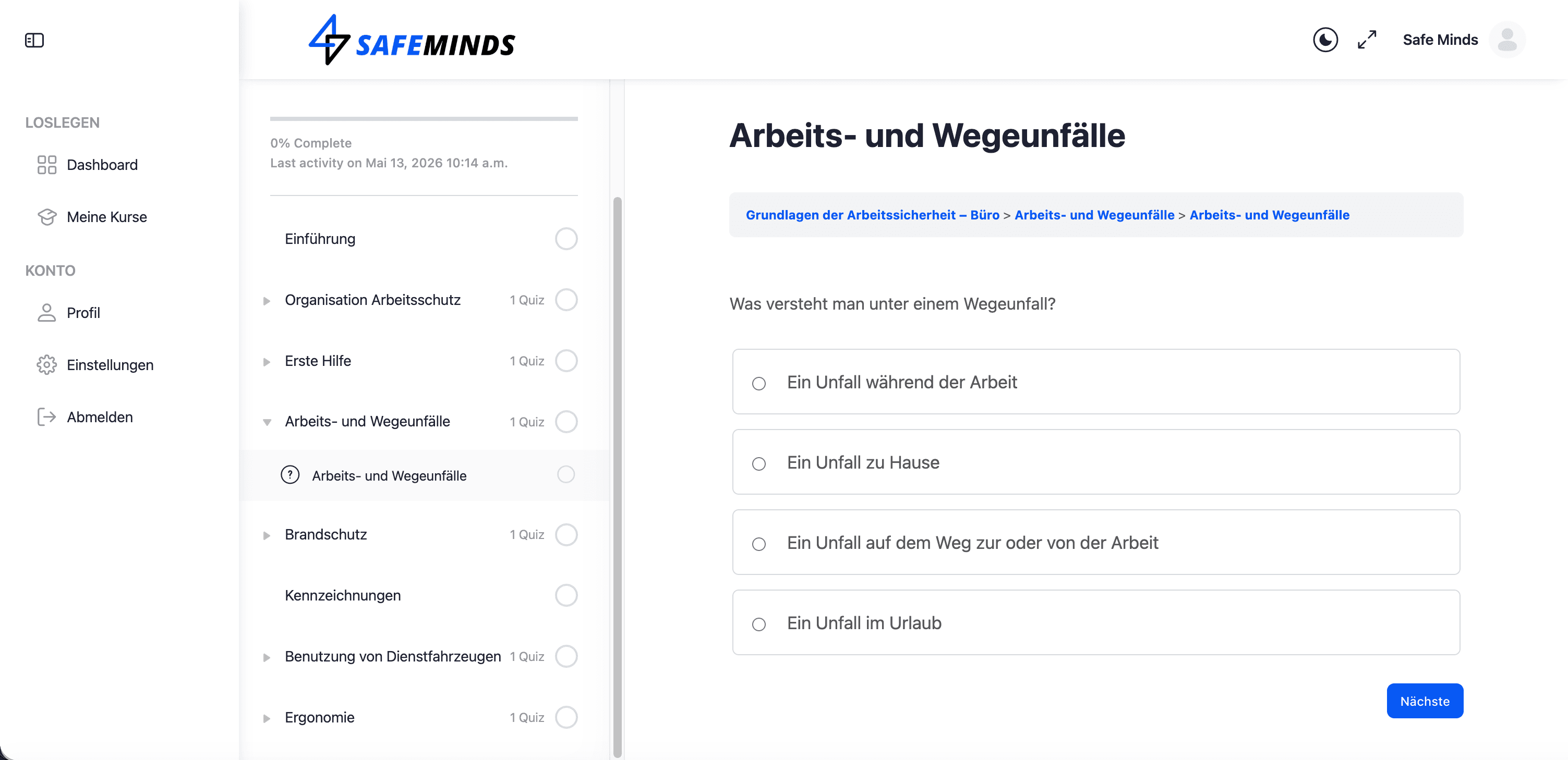 SafeMinds Wissenstest — interaktive Quiz-Fragen
