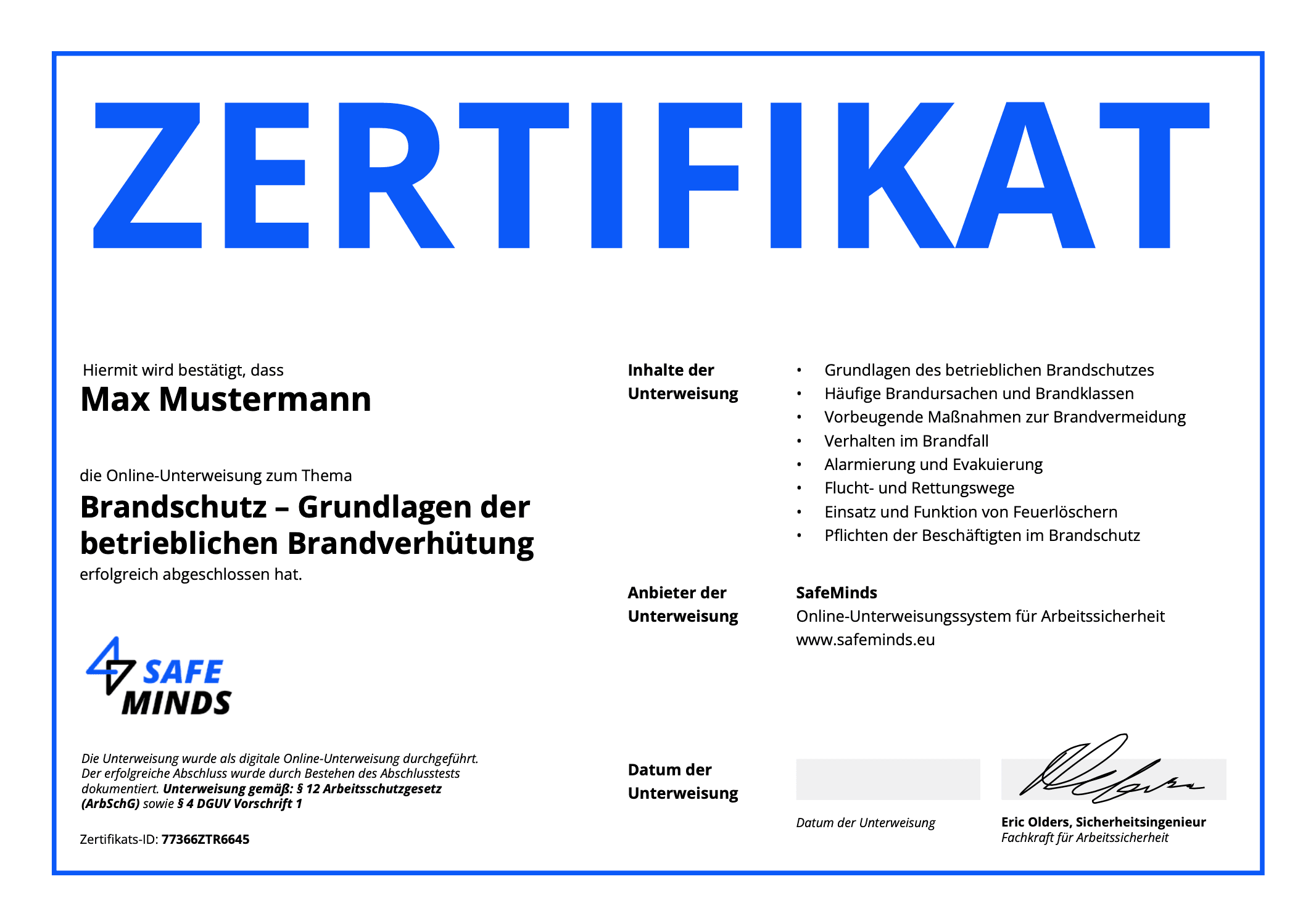 SafeMinds Zertifikat — PDF nach erfolgreichem Kursabschluss